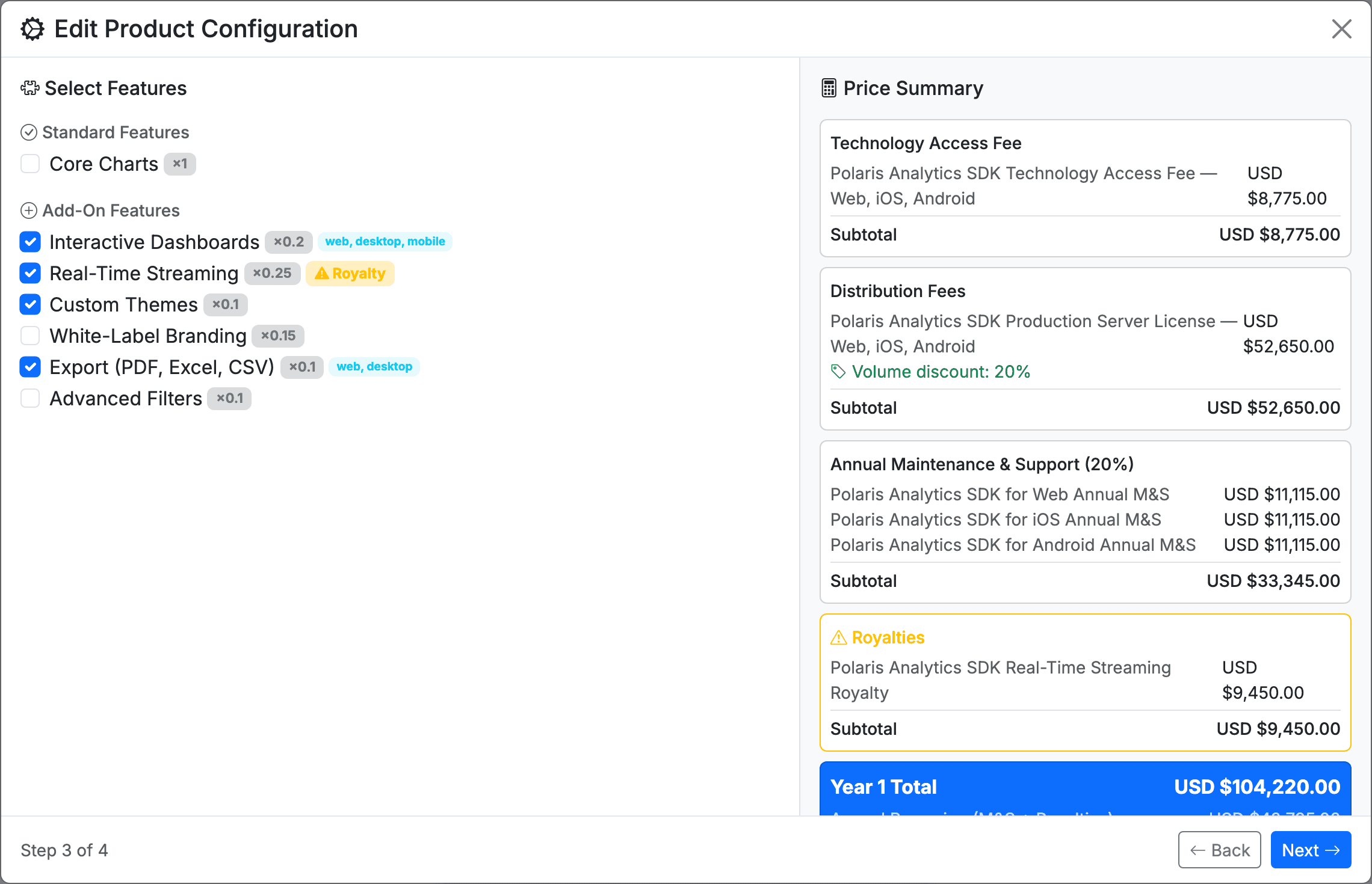 Revenue Orbit product configurator wizard — selecting features for a Polaris Analytics SDK configuration with live pricing on the right
