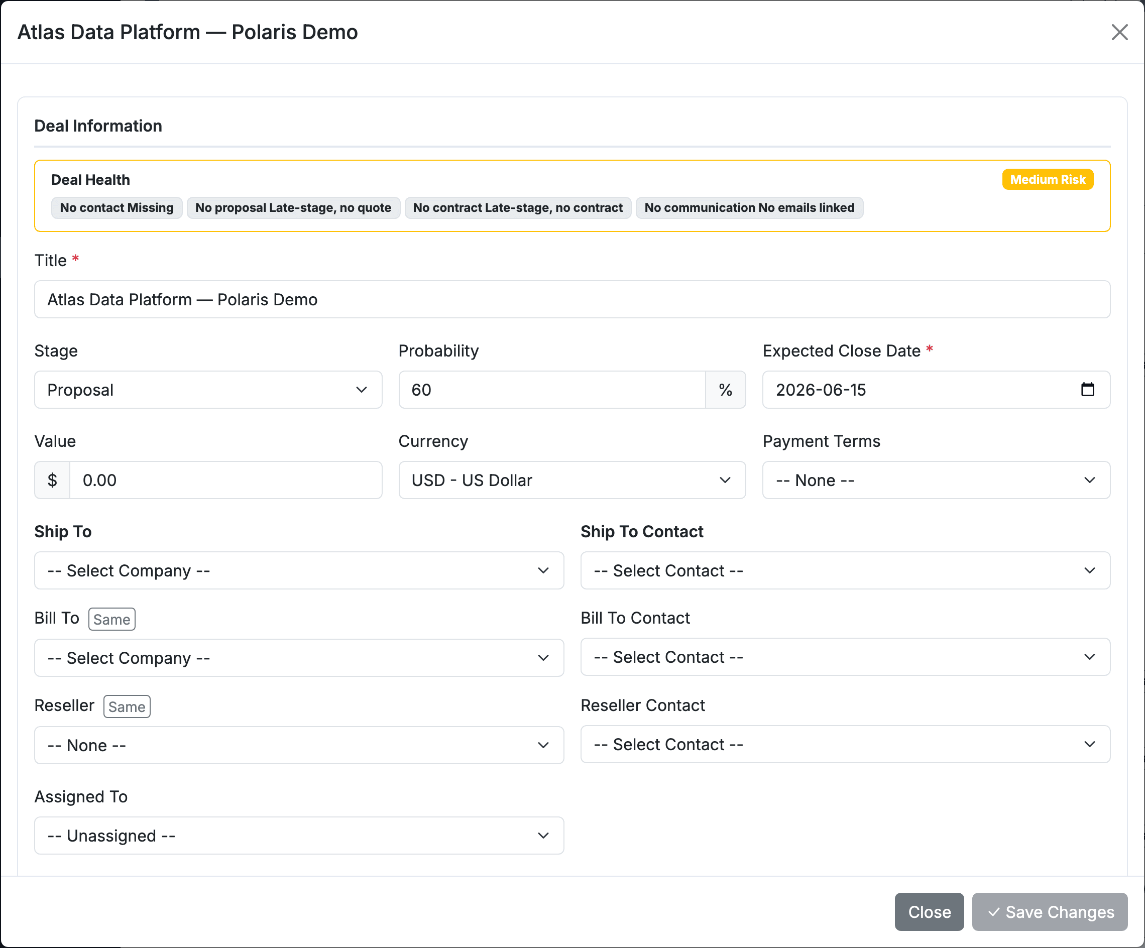 Revenue Orbit deal workspace — showing deal health with risk scoring, pipeline stage, parties, and all deal information in one place