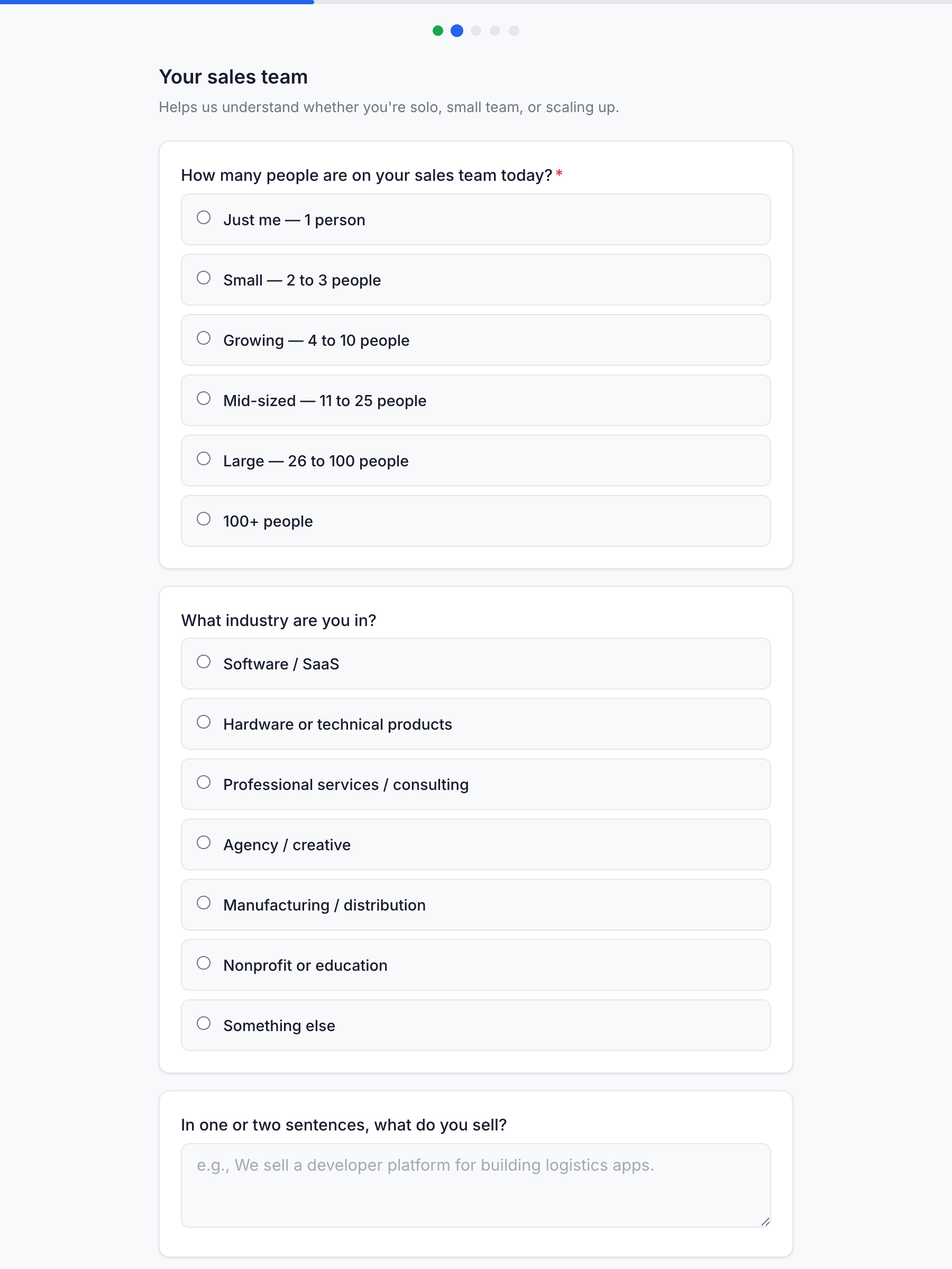 Revenue Orbit qualifying interview form — multi-page questionnaire with progress bar, radio and multi-select questions